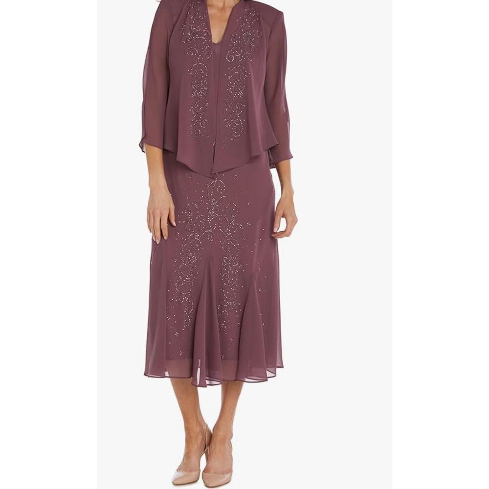 NWT Dark Rose Beaded Slip Chiffon Jacket Dress